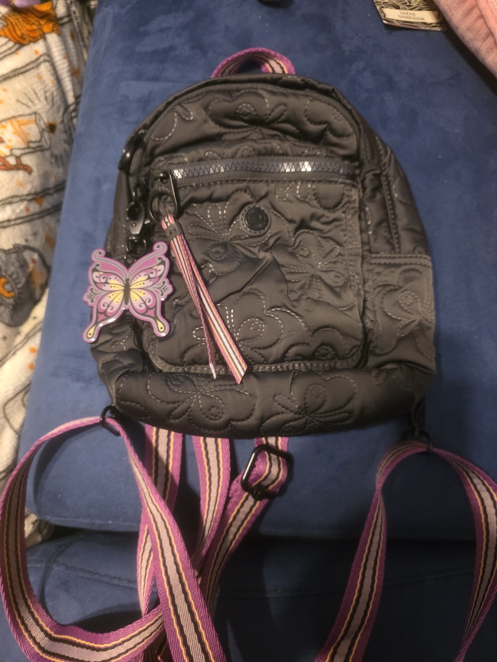 Kipling Anna SUI GREY Quilted Mini Backpack with PURPLE Accent Straps